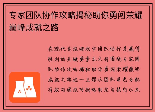 专家团队协作攻略揭秘助你勇闯荣耀巅峰成就之路