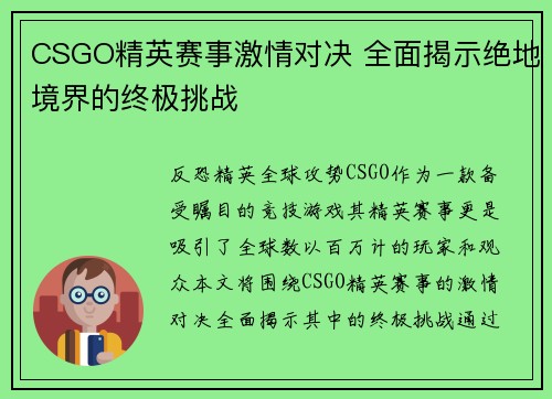 CSGO精英赛事激情对决 全面揭示绝地境界的终极挑战