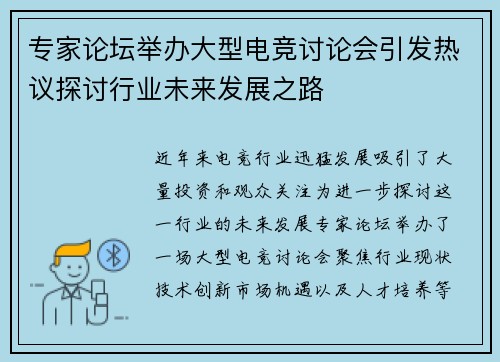 专家论坛举办大型电竞讨论会引发热议探讨行业未来发展之路