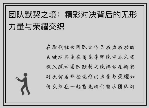团队默契之境：精彩对决背后的无形力量与荣耀交织