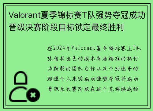 Valorant夏季锦标赛T队强势夺冠成功晋级决赛阶段目标锁定最终胜利