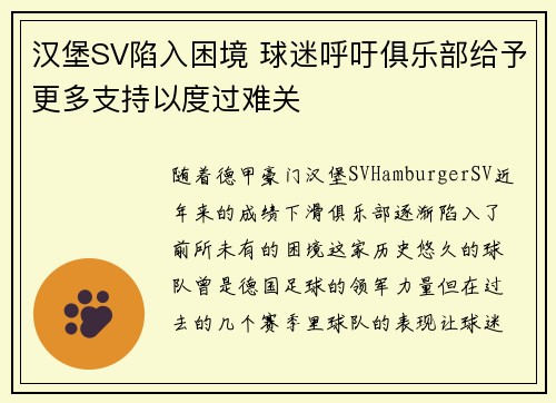 汉堡SV陷入困境 球迷呼吁俱乐部给予更多支持以度过难关