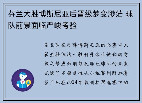 芬兰大胜博斯尼亚后晋级梦变渺茫 球队前景面临严峻考验