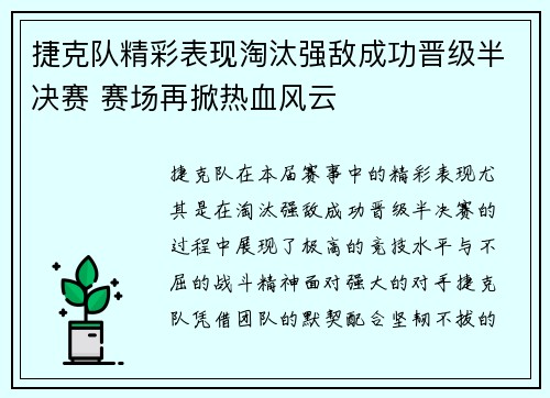 捷克队精彩表现淘汰强敌成功晋级半决赛 赛场再掀热血风云