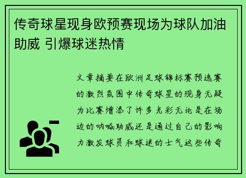 传奇球星现身欧预赛现场为球队加油助威 引爆球迷热情