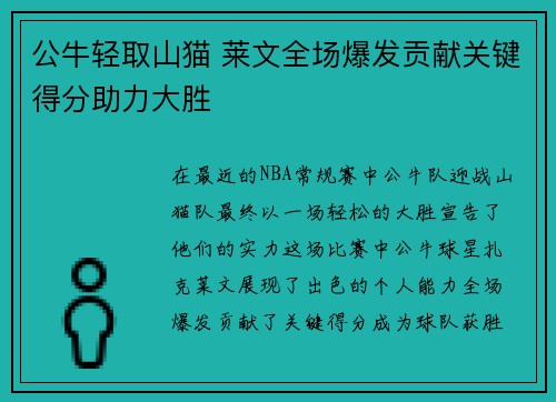 公牛轻取山猫 莱文全场爆发贡献关键得分助力大胜