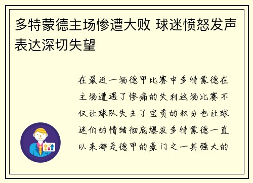多特蒙德主场惨遭大败 球迷愤怒发声表达深切失望