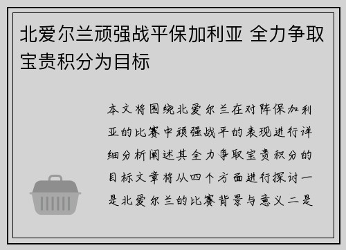 北爱尔兰顽强战平保加利亚 全力争取宝贵积分为目标