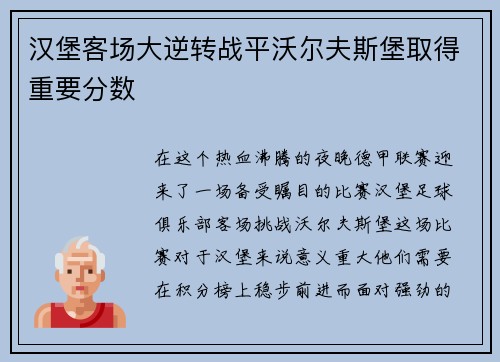 汉堡客场大逆转战平沃尔夫斯堡取得重要分数