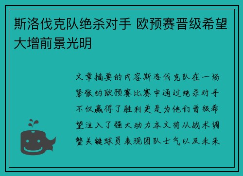 斯洛伐克队绝杀对手 欧预赛晋级希望大增前景光明