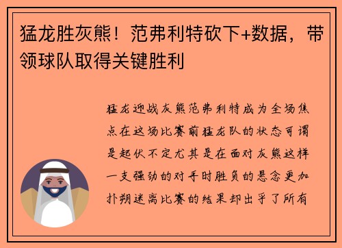 猛龙胜灰熊！范弗利特砍下+数据，带领球队取得关键胜利