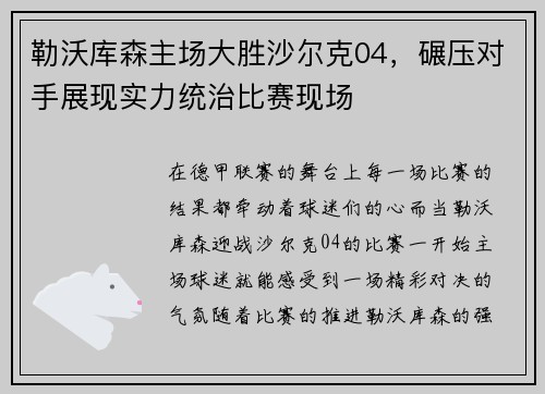 勒沃库森主场大胜沙尔克04，碾压对手展现实力统治比赛现场