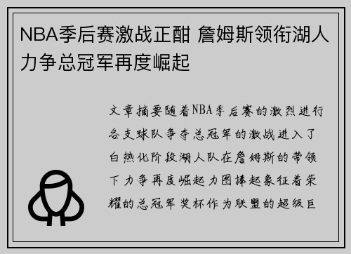 NBA季后赛激战正酣 詹姆斯领衔湖人力争总冠军再度崛起