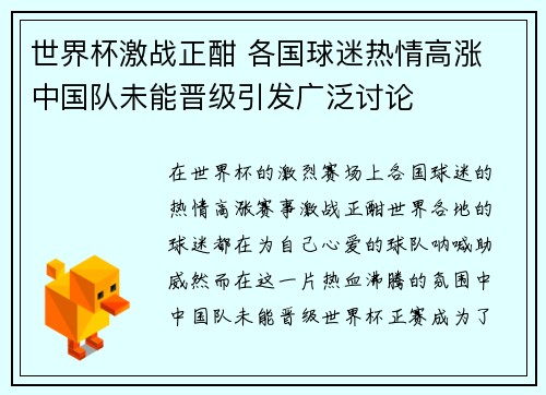世界杯激战正酣 各国球迷热情高涨 中国队未能晋级引发广泛讨论