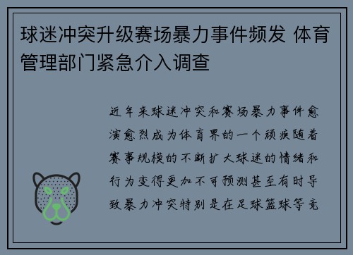 球迷冲突升级赛场暴力事件频发 体育管理部门紧急介入调查