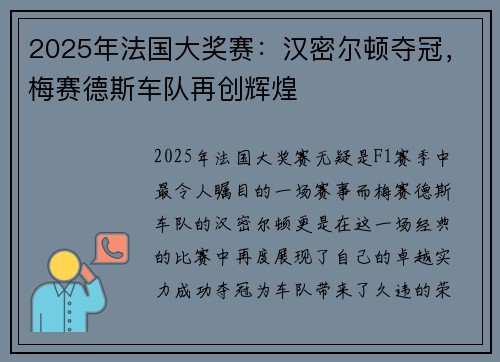 2025年法国大奖赛：汉密尔顿夺冠，梅赛德斯车队再创辉煌