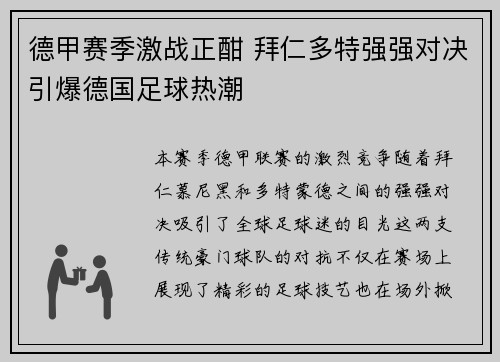 德甲赛季激战正酣 拜仁多特强强对决引爆德国足球热潮